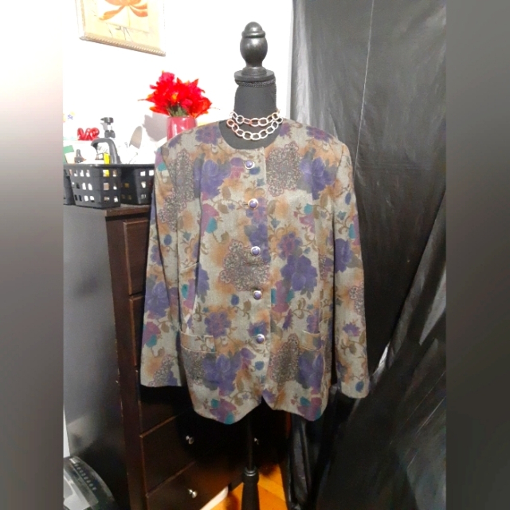 Kasper 2 Women's Blazer Button Up Gray Multicolor FloralGigham Abstract Size 20